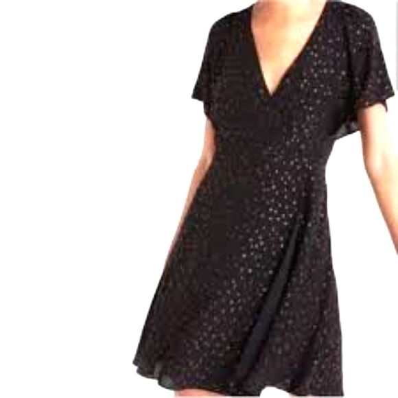 Madewell Black w/Bronze Metallic Detail Faux Wrap A-Line Short Sleeve Dress sz 6 - Picture 1 of 9